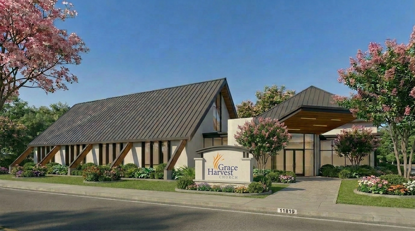 Beautiful architectural rendering of the future Grace Harvest Church facility in Whittier